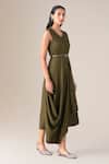 Shop_Ampm_Olive Green Wool Round Neck Arzu Asymmetric Draped Dress With Belt _Online_at_Aza_Fashions
