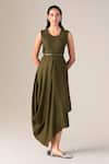 Buy_Ampm_Olive Green Wool Round Neck Arzu Asymmetric Draped Dress With Belt _at_Aza_Fashions