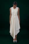 Buy_Ampm_Ivory Wool Round Neck Arzu Asymmetric Draped Dress With Belt _at_Aza_Fashions