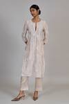 Shop_Mishru_Ivory Chanderi, Silk Embroidery, Sequins Split V-neck Noor Kurta And Pant Set _at_Aza_Fashions