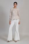 Buy_Mishru_Gold Chiffon, Silk Embroidery, Sequins Round Caelen Top And Bell Bottom Pant Set _at_Aza_Fashions