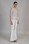 Mishru_Gold Chiffon, Silk Embroidery, Sequins Round Caelen Top And Bell Bottom Pant Set _Online_at_Aza_Fashions