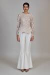 Buy_Mishru_Gold Chiffon, Silk Embroidery, Sequins Round Caelen Top And Bell Bottom Pant Set _Online_at_Aza_Fashions