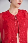 Mishru_Red Tulle, Organza Embroidery, Sequins, Mirrors Round Aurea Jacket Palazzo Set _at_Aza_Fashions