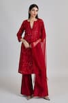 Buy_Mishru_Red Chanderi, Tulle Embroidery, Sequins Split V-neck Kiyara Kurta Pant Set _at_Aza_Fashions