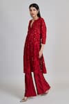 Mishru_Red Chanderi, Tulle Embroidery, Sequins Split V-neck Kiyara Kurta Pant Set _Online_at_Aza_Fashions