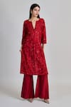 Buy_Mishru_Red Chanderi, Tulle Embroidery, Sequins Split V-neck Kiyara Kurta Pant Set _Online_at_Aza_Fashions
