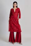 Shop_Mishru_Red Chanderi, Tulle Embroidery, Sequins Split V-neck Kiyara Kurta Pant Set _Online_at_Aza_Fashions