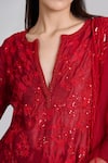 Mishru_Red Chanderi, Tulle Embroidery, Sequins Split V-neck Kiyara Kurta Pant Set _at_Aza_Fashions