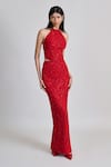 Buy_Mishru_Red Tulle Sequins, Embroidery, Beads Halter Neck Amira Top And Skirt Set _at_Aza_Fashions