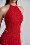 Shop_Mishru_Red Tulle Sequins, Embroidery, Beads Halter Neck Amira Top And Skirt Set _Online_at_Aza_Fashions