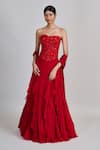 Mishru_Red Tulle, Organza, Chiffon Sequins, Embroidery Sweetheart Suki Ruffle Skirt Set _Online_at_Aza_Fashions