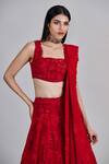 Mishru_Red Organza, Tulle, Chiffon Embroidery, Sequins Square Neck Roselle Lehenga Set _at_Aza_Fashions