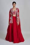 Buy_Mishru_Red Tulle, Organza Embroidery Open Neck, Square Avi Pleated Cape Skirt Set _at_Aza_Fashions