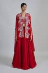 Mishru_Red Tulle, Organza Embroidery Open Neck, Square Avi Pleated Cape Skirt Set _Online_at_Aza_Fashions