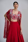 Shop_Mishru_Red Tulle, Organza Embroidery Open Neck, Square Avi Pleated Cape Skirt Set _Online_at_Aza_Fashions