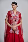Mishru_Red Tulle, Organza Embroidery Open Neck, Square Avi Pleated Cape Skirt Set _at_Aza_Fashions