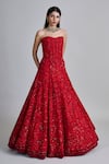 Mishru_Red Tulle, Organza Embroidery, Sequins, Mirrors Amara Floral Corset Lehenga Set _Online_at_Aza_Fashions