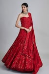 Mishru_Red Tulle, Organza Embroidery, Sequins, Mirrors Amara Floral Corset Lehenga Set _at_Aza_Fashions