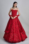 Buy_Mishru_Red Tulle, Organza Embroidery, Sequins, Mirrors Amara Floral Corset Lehenga Set _at_Aza_Fashions