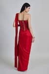 Shop_Mishru_Red Silk, Tulle Sequins, Embroidery Sweetheart Zin Pre-draped Saree With Blouse _at_Aza_Fashions