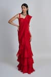 Buy_Mishru_Red Organza, Crepe, Tulle Embroidery, Nica Pre-draped Ruffle Saree With Blouse _Online_at_Aza_Fashions