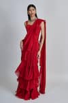 Buy_Mishru_Red Organza, Crepe, Tulle Embroidery, Nica Pre-draped Ruffle Saree With Blouse _at_Aza_Fashions