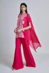 Mishru_Fuchsia Tulle, Organza Embroidery Round Neck Aurea Jacket Palazzo Set _Online_at_Aza_Fashions