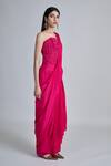 Buy_Mishru_Fuchsia Silk, Tulle Embroidery Sweetheart Neck Zin Pre-draped Saree With Blouse _Online_at_Aza_Fashions