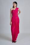 Buy_Mishru_Fuchsia Silk, Tulle Embroidery Sweetheart Neck Zin Pre-draped Saree With Blouse _at_Aza_Fashions