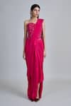 Shop_Mishru_Fuchsia Silk, Tulle Embroidery Sweetheart Neck Zin Pre-draped Saree With Blouse _Online_at_Aza_Fashions