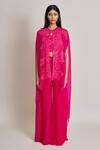 Mishru_Fuchsia Organza, Tulle Embroidery, Sequins High Neck, Aurea Jacket Palazzo Set _Online_at_Aza_Fashions