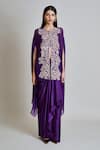Mishru_Purple Tulle, Satin Embroidery Round Neck, Square Aurea Cape Draped Skirt Set _Online_at_Aza_Fashions