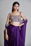 Mishru_Purple Tulle, Satin Embroidery Round Neck, Square Aurea Cape Draped Skirt Set _at_Aza_Fashions