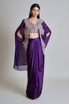 Shop_Mishru_Purple Tulle, Satin Embroidery Round Neck, Square Aurea Cape Draped Skirt Set _at_Aza_Fashions