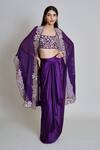 Buy_Mishru_Purple Tulle, Satin Embroidery Open , Square Lea Cape Draped Skirt Set 