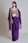 Shop_Mishru_Purple Tulle, Satin Embroidery Open , Square Lea Cape Draped Skirt Set 