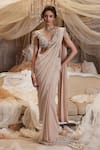 Roqa_Beige Georgette, Net Beads, Sequins, Cut Work, 3d Floral Pre-draped Saree Set 
