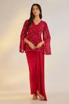 Buy_Ewoke_Red Georgette, Crepe Embroidery, Beads, Crystals, Jacket With Draped Skirt _at_Aza_Fashions