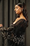 Muskan Aggarwal_Black Satin, Net Open Neck, Flore Patchwork Embroidered Cape Draped Skirt Set _Online_at_Aza_Fashions
