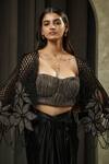 Buy_Muskan Aggarwal_Black Satin, Net Open Neck, Flore Patchwork Embroidered Cape Draped Skirt Set _Online_at_Aza_Fashions