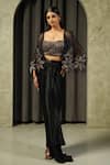 Buy_Muskan Aggarwal_Black Satin, Net Open Neck, Flore Patchwork Embroidered Cape Draped Skirt Set _at_Aza_Fashions