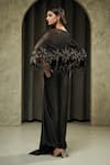 Shop_Muskan Aggarwal_Black Satin, Net Open Neck, Flore Patchwork Embroidered Cape Draped Skirt Set _at_Aza_Fashions