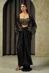 Buy_Muskan Aggarwal_Black Satin, Net Open Neck, Flore Patchwork Embroidered Cape Draped Skirt Set 