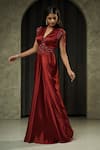 Muskan Aggarwal_Red Satin, Net Sequins, Crystals, Tassels V-neck Elira Embroidered Gown _Online_at_Aza_Fashions