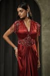 Buy_Muskan Aggarwal_Red Satin, Net Sequins, Crystals, Tassels V-neck Elira Embroidered Gown _Online_at_Aza_Fashions