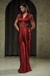 Shop_Muskan Aggarwal_Red Satin, Net Sequins, Crystals, Tassels V-neck Elira Embroidered Gown _Online_at_Aza_Fashions