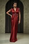 Buy_Muskan Aggarwal_Red Satin, Net Sequins, Crystals, Tassels V-neck Elira Embroidered Gown _at_Aza_Fashions