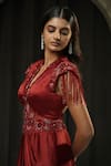 Buy_Muskan Aggarwal_Red Satin, Net Sequins, Crystals, Tassels V-neck Elira Embroidered Gown 