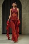 Buy_Muskan Aggarwal_Red Net, Organza Sequins, Beads, Scarlete Embroidered Corset Palazzo Set _Online_at_Aza_Fashions